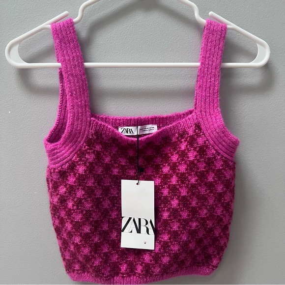 Zara checked knit crop top burgundy pink size medium - Picture 6 of 9
